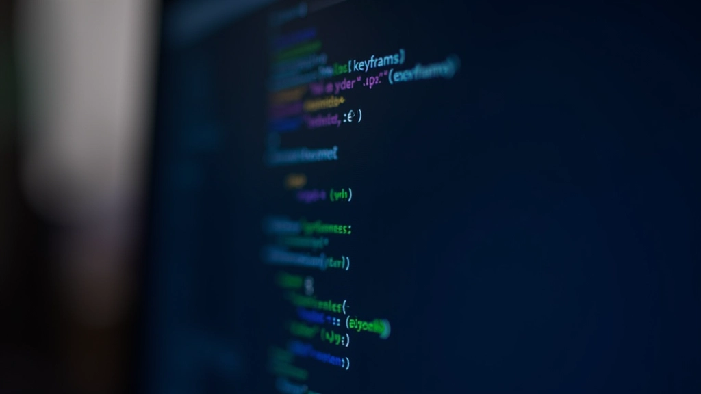 Close-up view of CSS code on a computer monitor showing @keyframes animation syntax with smooth color transitions