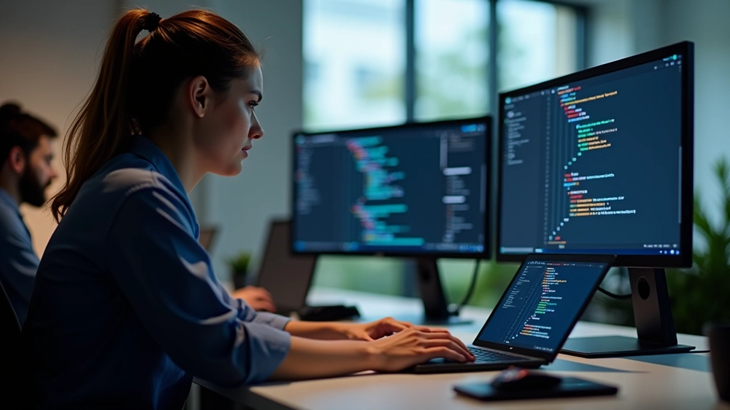 Designer working on responsive layouts with CSS Grid, modern workspace with color palette, laptop showing design tool, natural window lighting, sharp focus