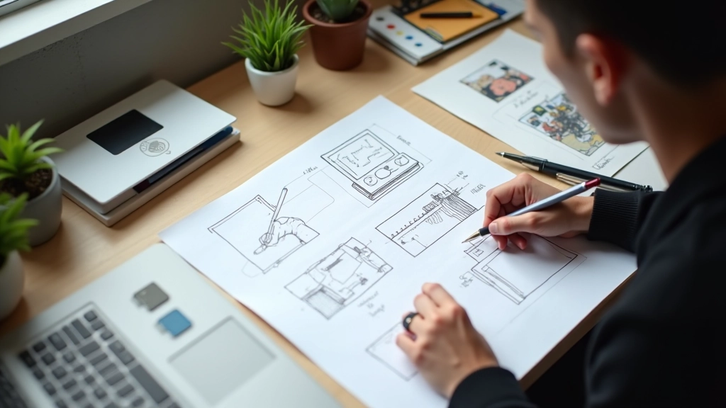Designer working on animation storyboards and design planning