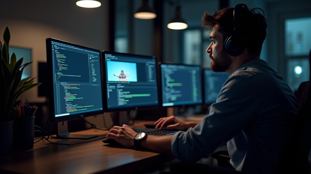 Designer working on CSS animations in a modern studio with multiple monitors displaying animation timelines and code editor