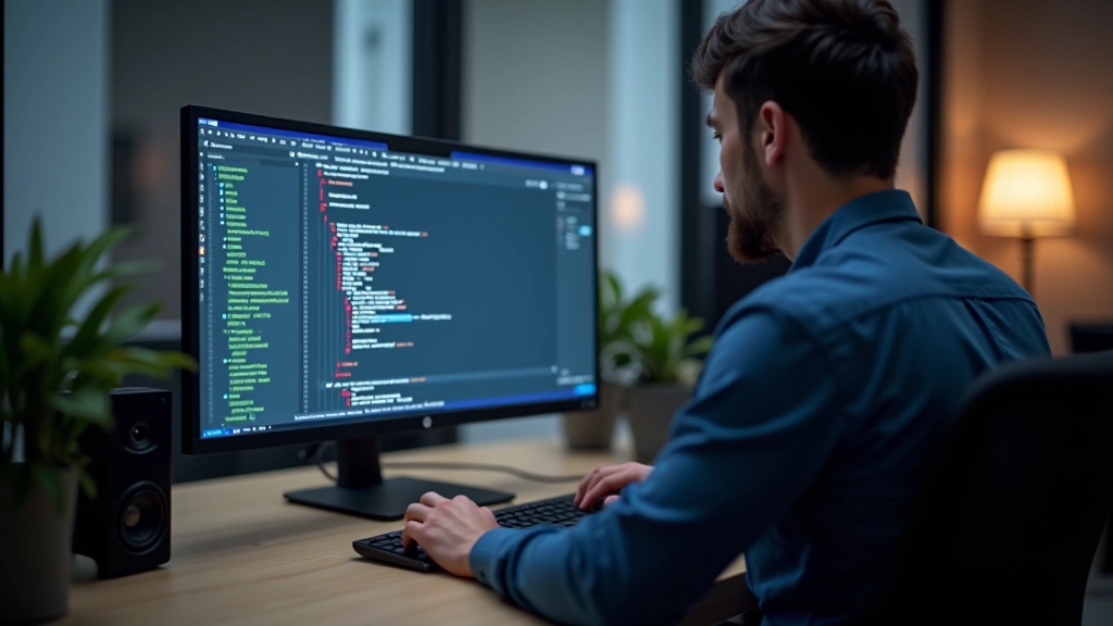 Developer working on advanced JavaScript animation libraries at modern workspace with dual monitors