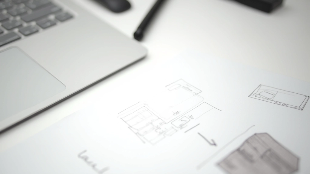 Minimalist design workspace with sketches showing simple interaction states