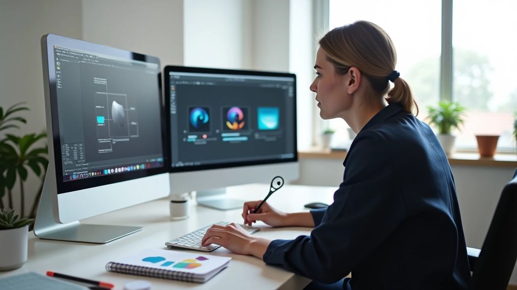 Modern design workspace with multiple monitors displaying animation timelines and design software, minimalist desk setup with notebooks and design tools, natural daylight from windows
