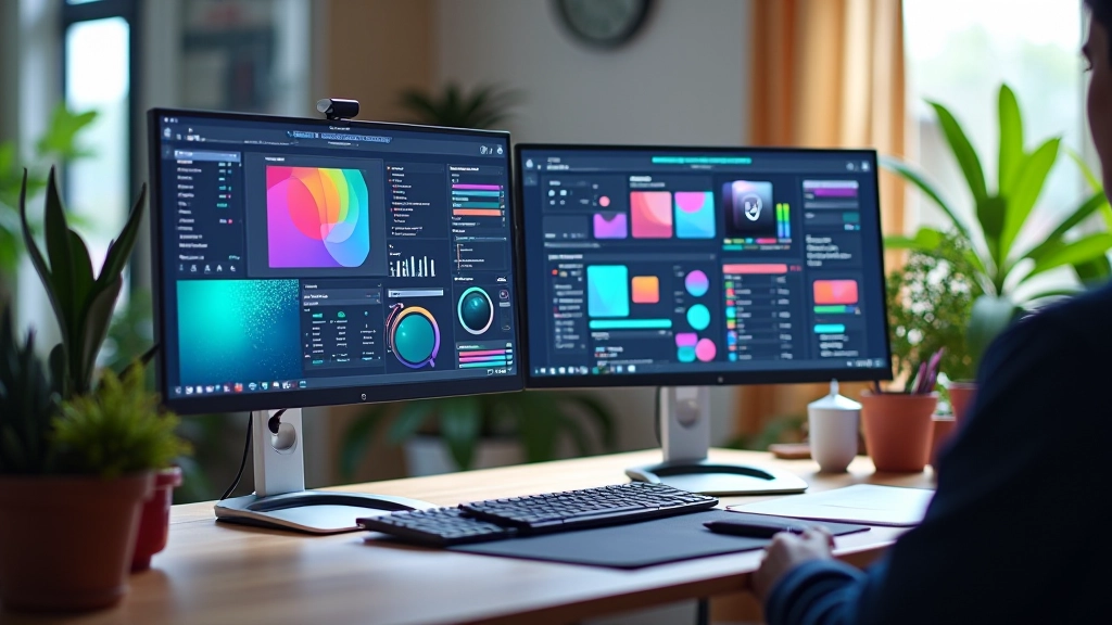 Modern web design studio with animation workspace, dual monitors displaying interactive designs, collaborative environment, bright studio lighting, sharp focus
