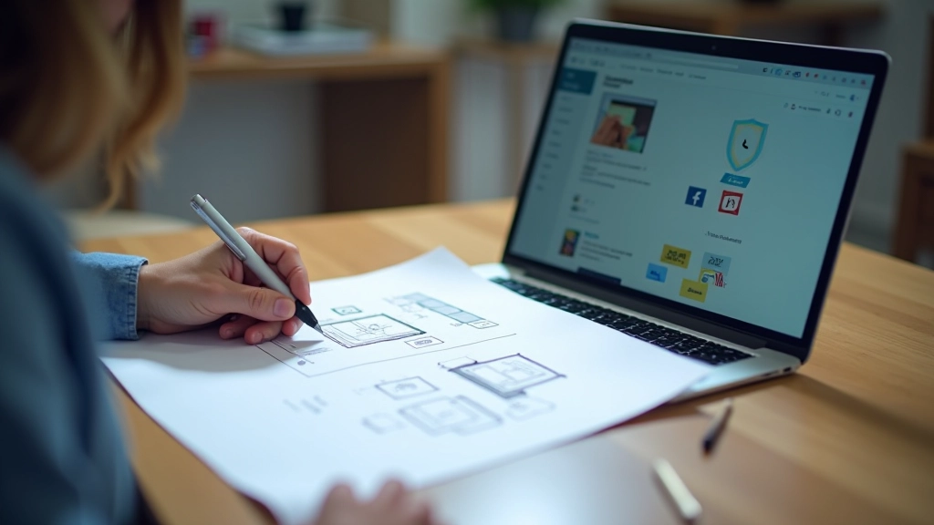 Web designer working on responsive layout with wireframes on desk