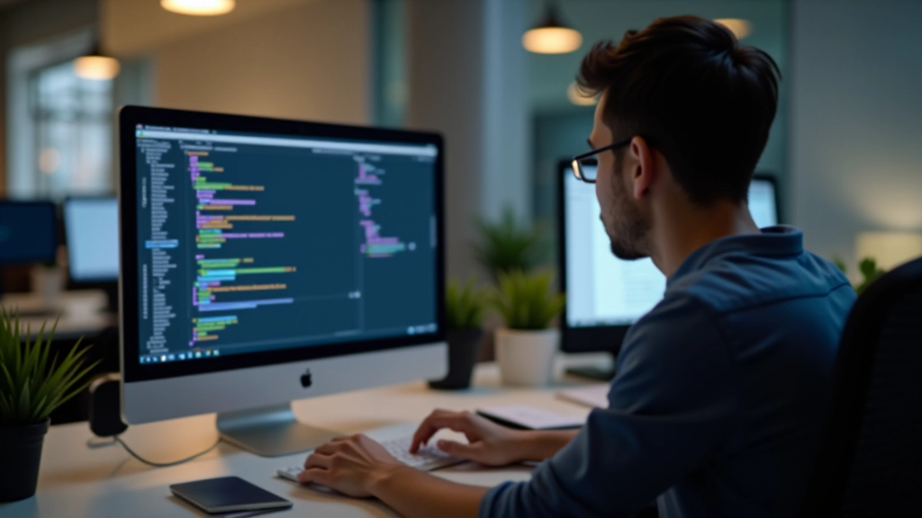 Web developer working on responsive layouts with CSS Grid and Flexbox on a modern computer setup